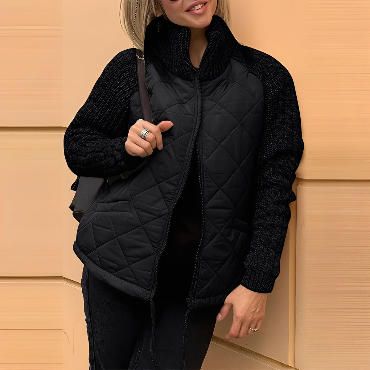Women’s Diamond Quilted Zip-Up Jacket with Cable Knit Sleeves and Stand Collar – Warm Casual Outerwear for Autumn and Winter