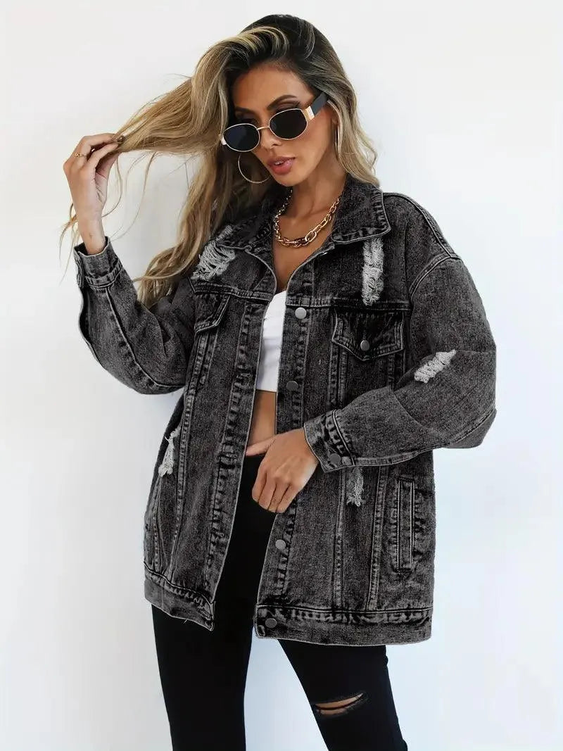 Women's Oversized Distressed Denim Jacket with Ripped Detailing and Button Front – Relaxed Fit Long Sleeve Casual Jean Jacket with Chest Pockets for Everyday Streetwear and Spring Autumn Layering