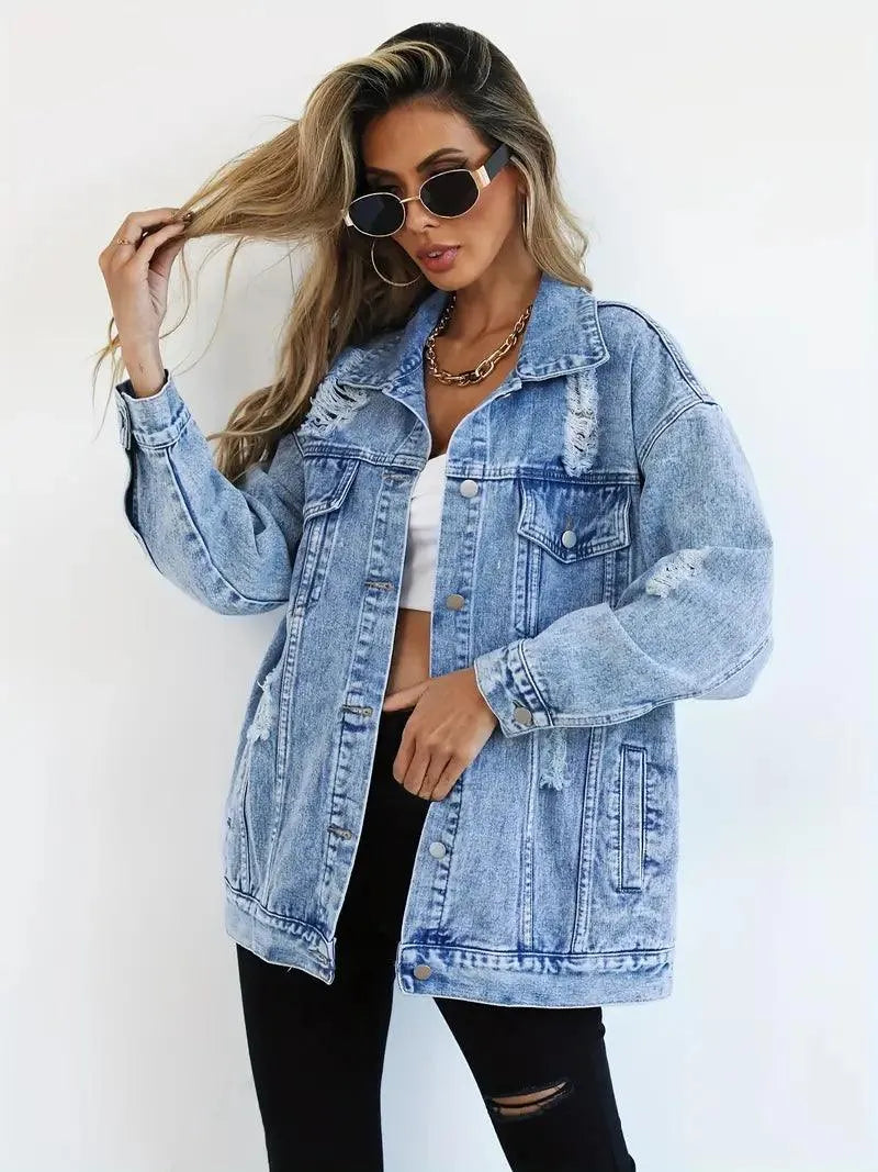 Women's Oversized Distressed Denim Jacket with Ripped Detailing and Button Front – Relaxed Fit Long Sleeve Casual Jean Jacket with Chest Pockets for Everyday Streetwear and Spring Autumn Layering