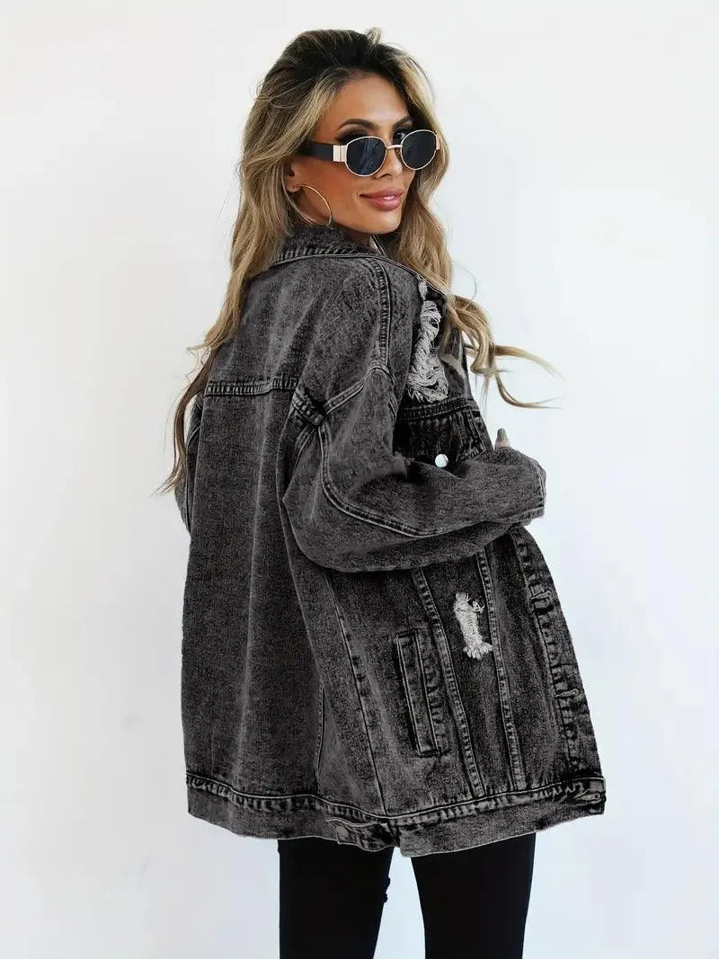 Women's Oversized Distressed Denim Jacket with Ripped Detailing and Button Front – Relaxed Fit Long Sleeve Casual Jean Jacket with Chest Pockets for Everyday Streetwear and Spring Autumn Layering