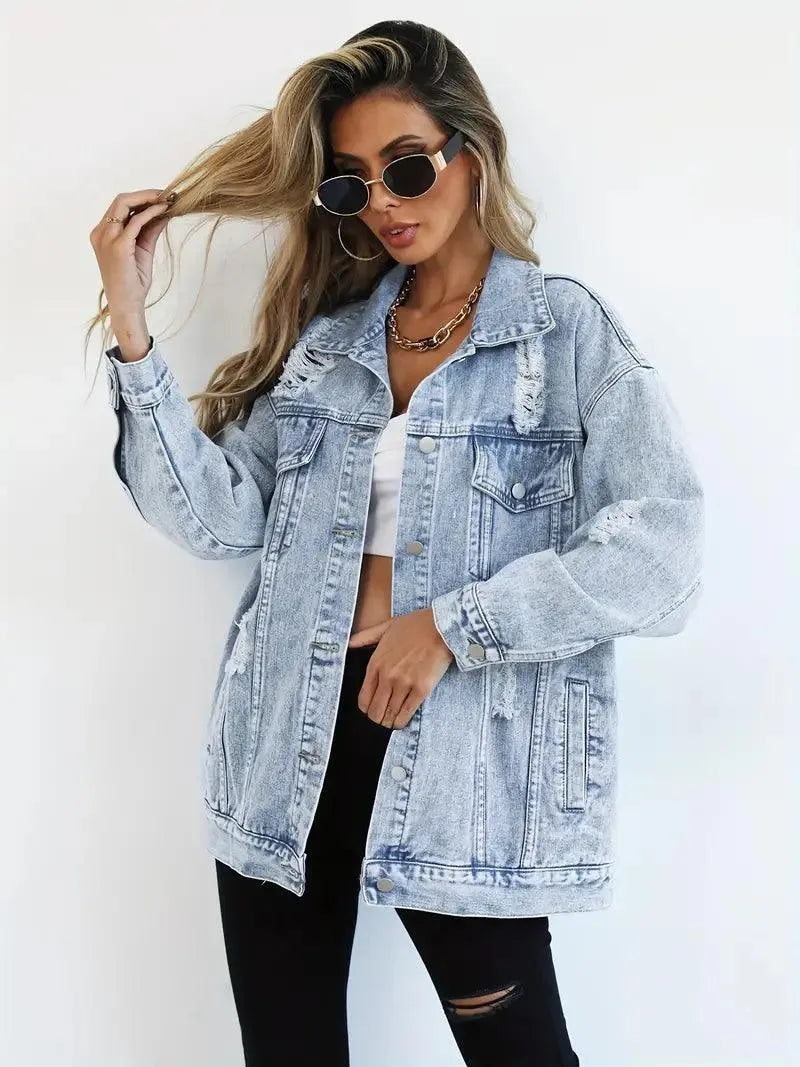 Women's Oversized Distressed Denim Jacket with Ripped Detailing and Button Front – Relaxed Fit Long Sleeve Casual Jean Jacket with Chest Pockets for Everyday Streetwear and Spring Autumn Layering
