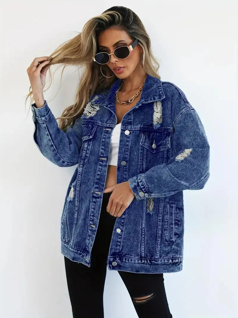 Women's Oversized Distressed Denim Jacket with Ripped Detailing and Button Front – Relaxed Fit Long Sleeve Casual Jean Jacket with Chest Pockets for Everyday Streetwear and Spring Autumn Layering
