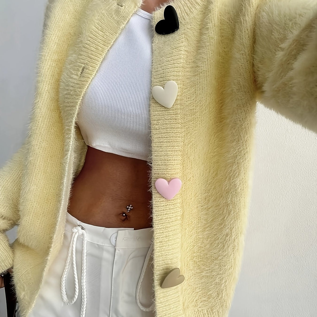 Fleur | Fluffy Cropped Heart Buttons Cardigan