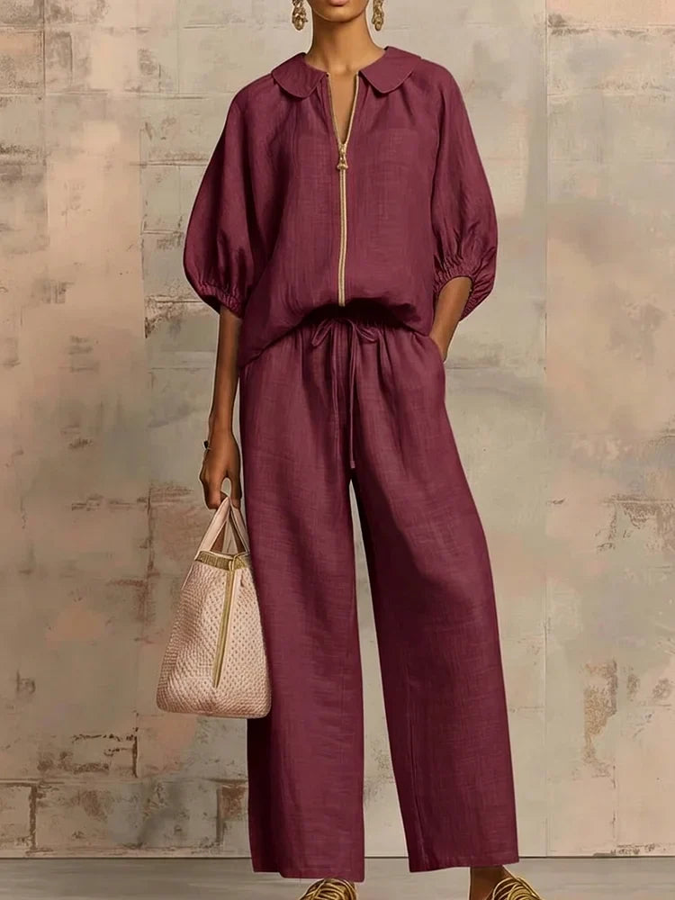 Stylish Peter Pan Collar Zip-up Shirt And Wide-leg Pant Linen Cotton Set