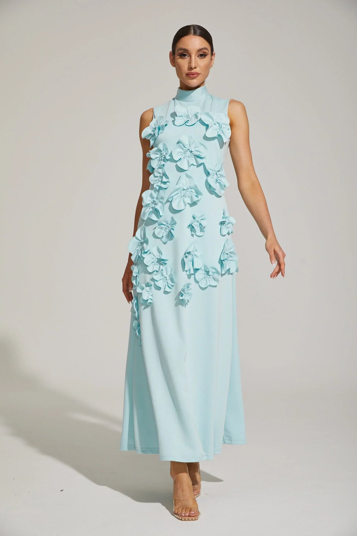 Women's High-Neck Embroidered Floral Maxi Dress | Sleeveless, Full-Length Silhouette, Elegant Fit | Multiple Colors