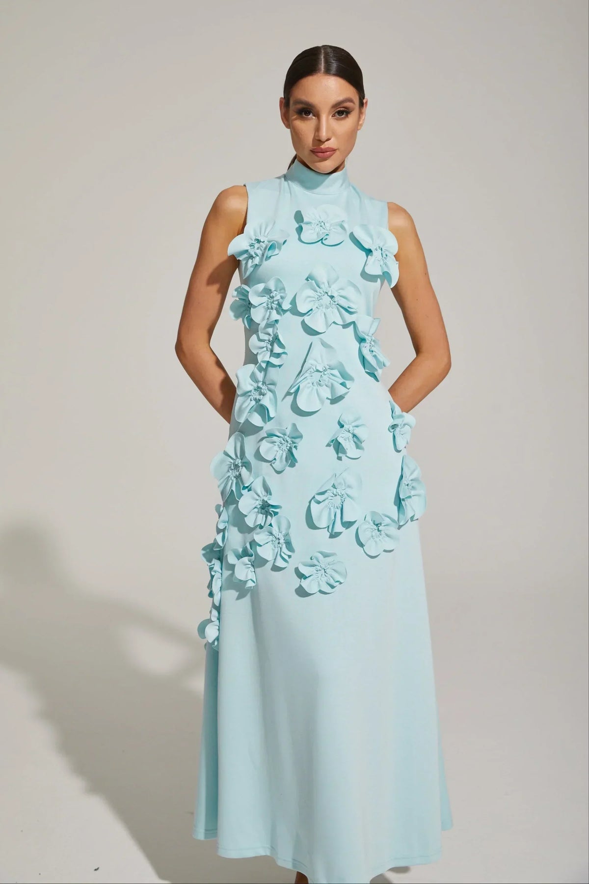 Women's High-Neck Embroidered Floral Maxi Dress | Sleeveless, Full-Length Silhouette, Elegant Fit | Multiple Colors