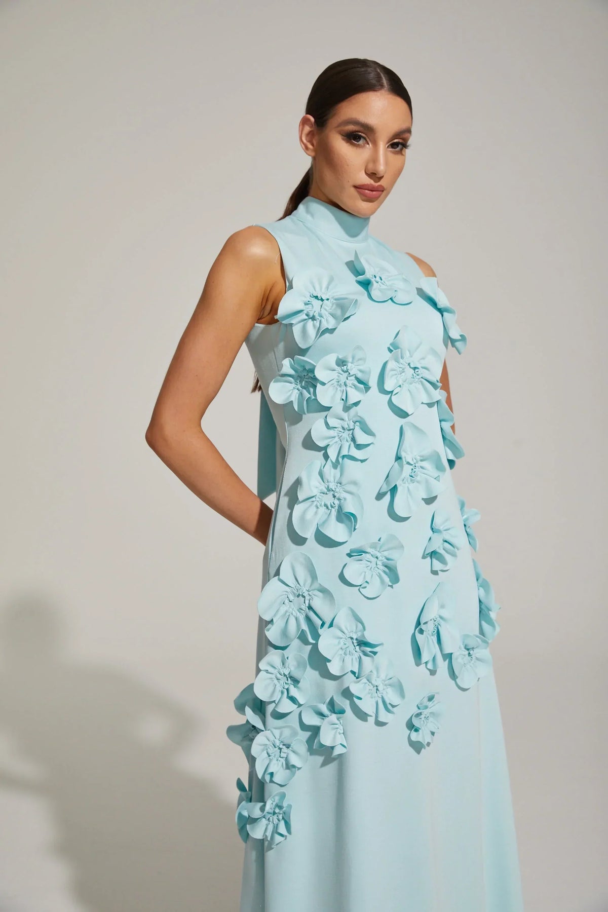 Women's High-Neck Embroidered Floral Maxi Dress | Sleeveless, Full-Length Silhouette, Elegant Fit | Multiple Colors