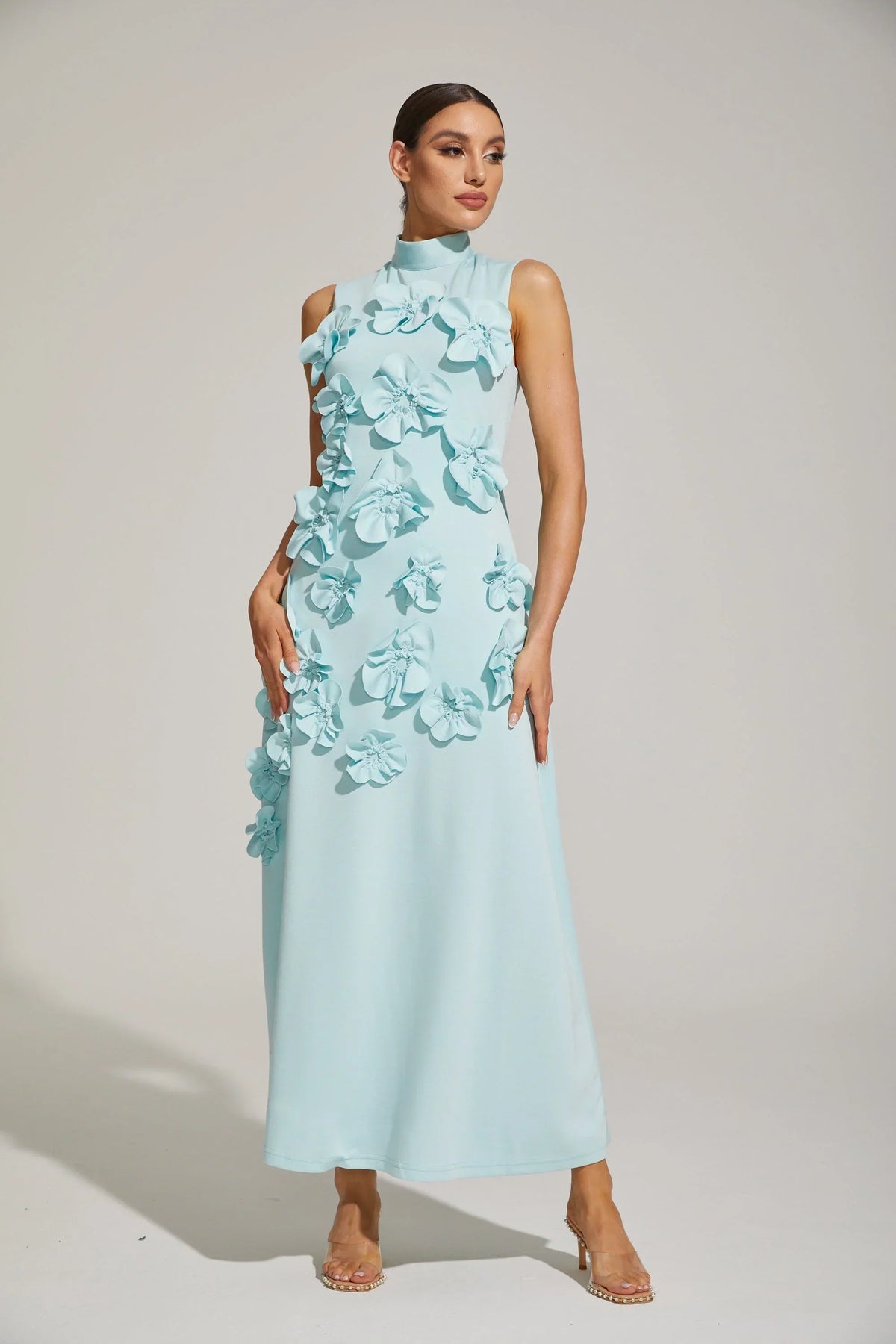 Women's High-Neck Embroidered Floral Maxi Dress | Sleeveless, Full-Length Silhouette, Elegant Fit | Multiple Colors