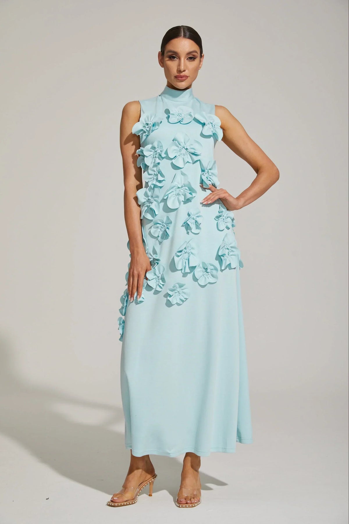 Women's High-Neck Embroidered Floral Maxi Dress | Sleeveless, Full-Length Silhouette, Elegant Fit | Multiple Colors