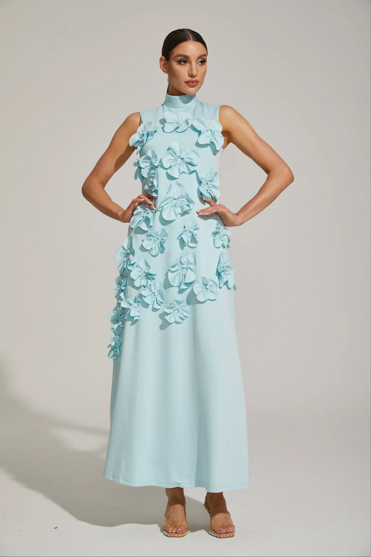 Women's High-Neck Embroidered Floral Maxi Dress | Sleeveless, Full-Length Silhouette, Elegant Fit | Multiple Colors