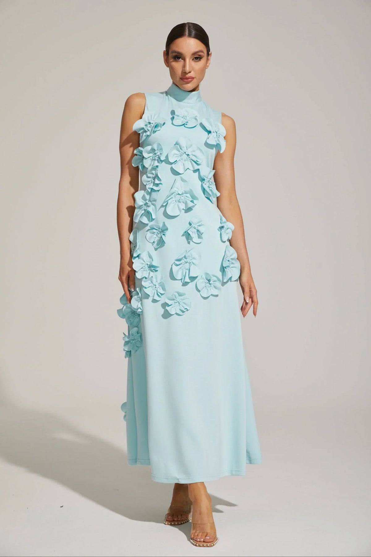 Women's High-Neck Embroidered Floral Maxi Dress | Sleeveless, Full-Length Silhouette, Elegant Fit | Multiple Colors