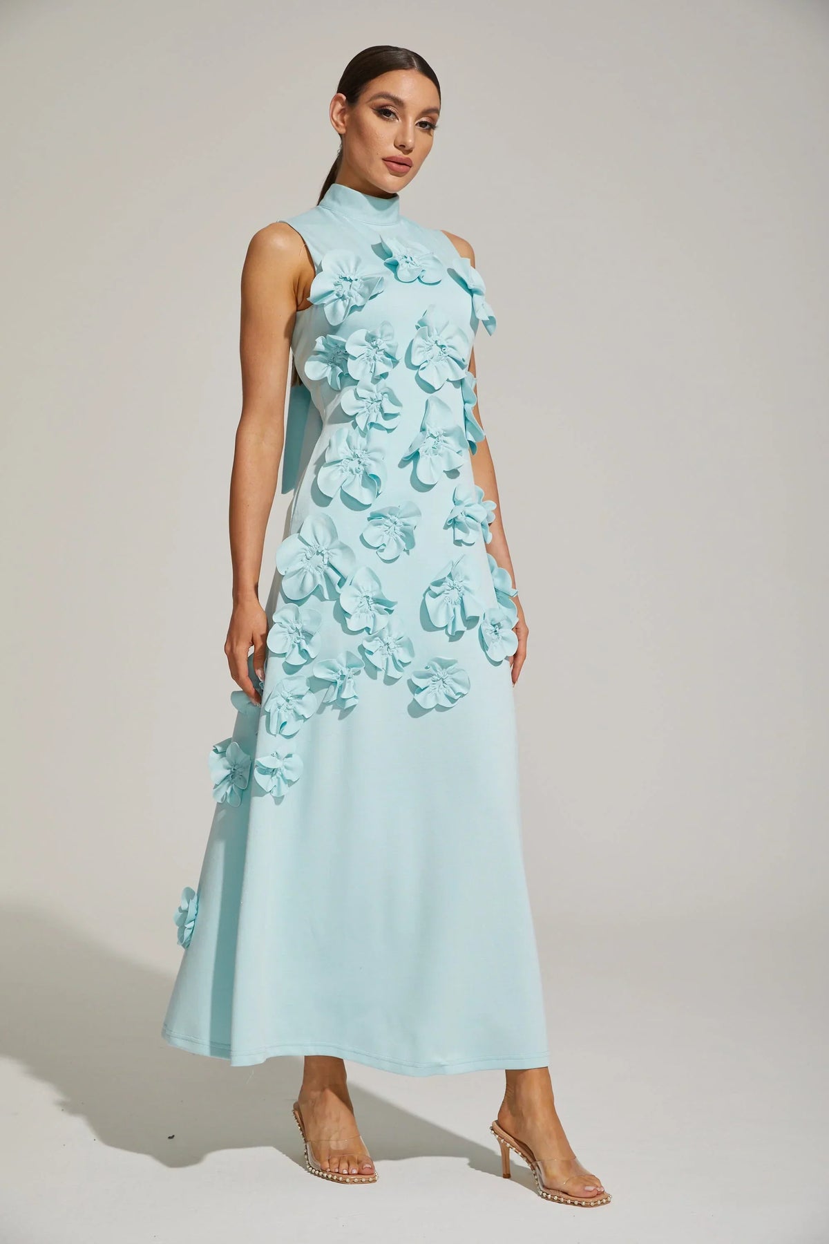 Women's High-Neck Embroidered Floral Maxi Dress | Sleeveless, Full-Length Silhouette, Elegant Fit | Multiple Colors