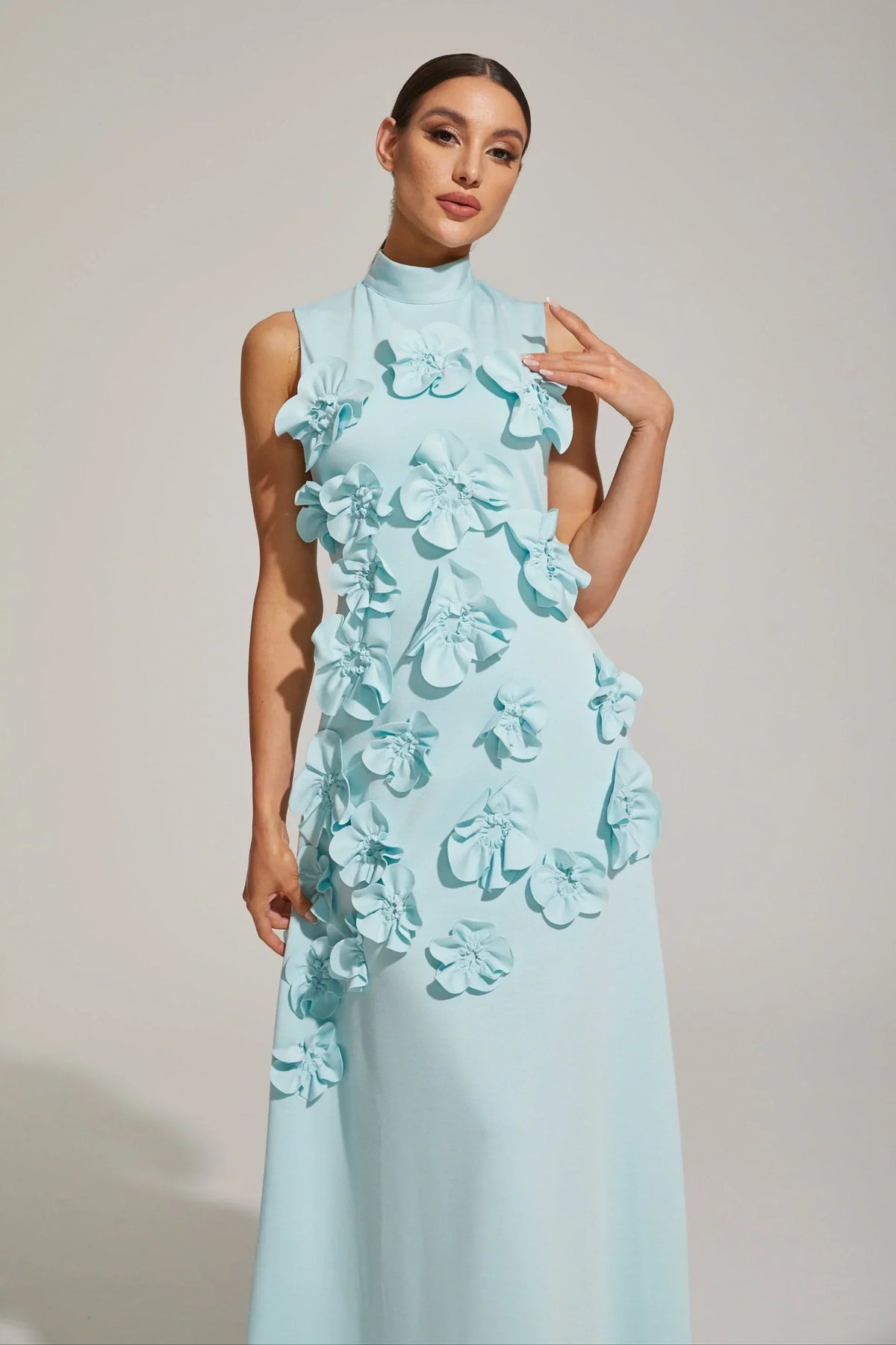 Women's High-Neck Embroidered Floral Maxi Dress | Sleeveless, Full-Length Silhouette, Elegant Fit | Multiple Colors