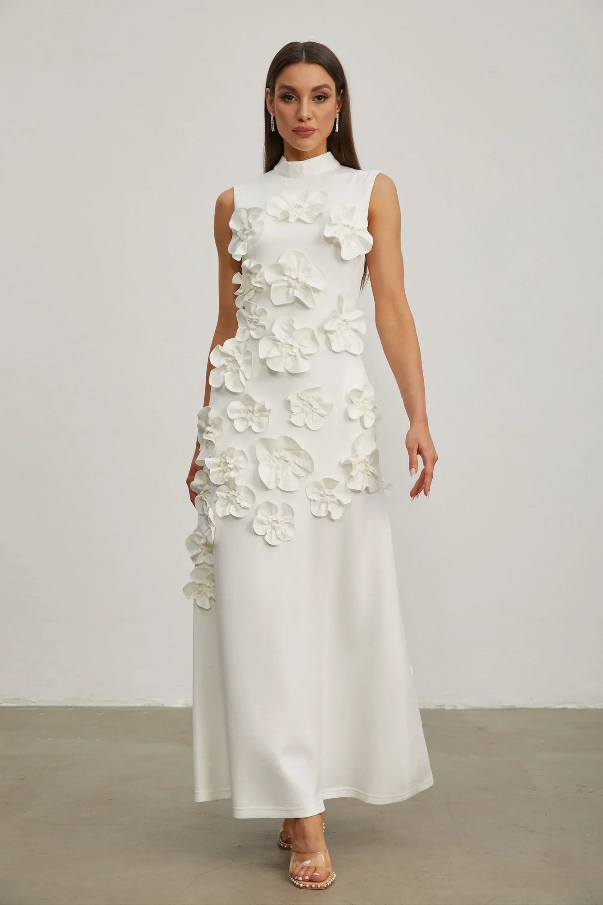Women's High-Neck Embroidered Floral Maxi Dress | Sleeveless, Full-Length Silhouette, Elegant Fit | Multiple Colors