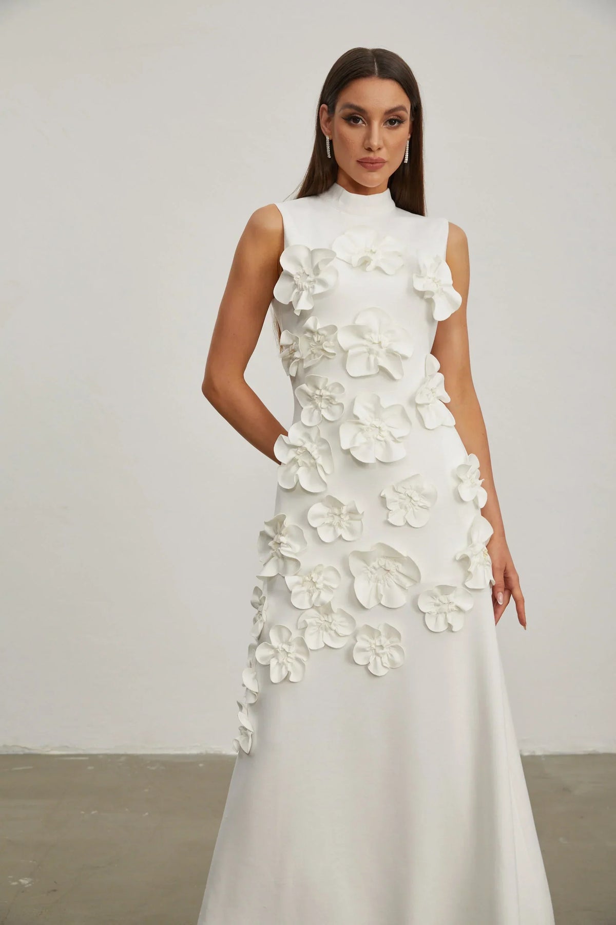 Women's High-Neck Embroidered Floral Maxi Dress | Sleeveless, Full-Length Silhouette, Elegant Fit | Multiple Colors