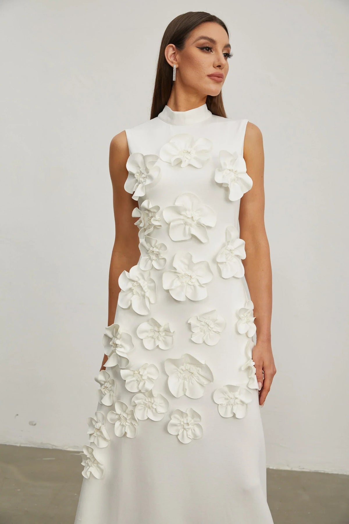 Women's High-Neck Embroidered Floral Maxi Dress | Sleeveless, Full-Length Silhouette, Elegant Fit | Multiple Colors