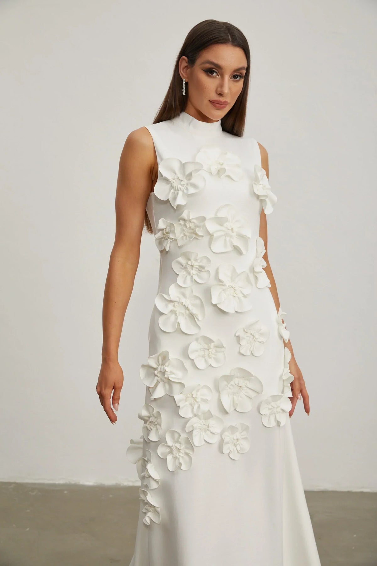 Women's High-Neck Embroidered Floral Maxi Dress | Sleeveless, Full-Length Silhouette, Elegant Fit | Multiple Colors