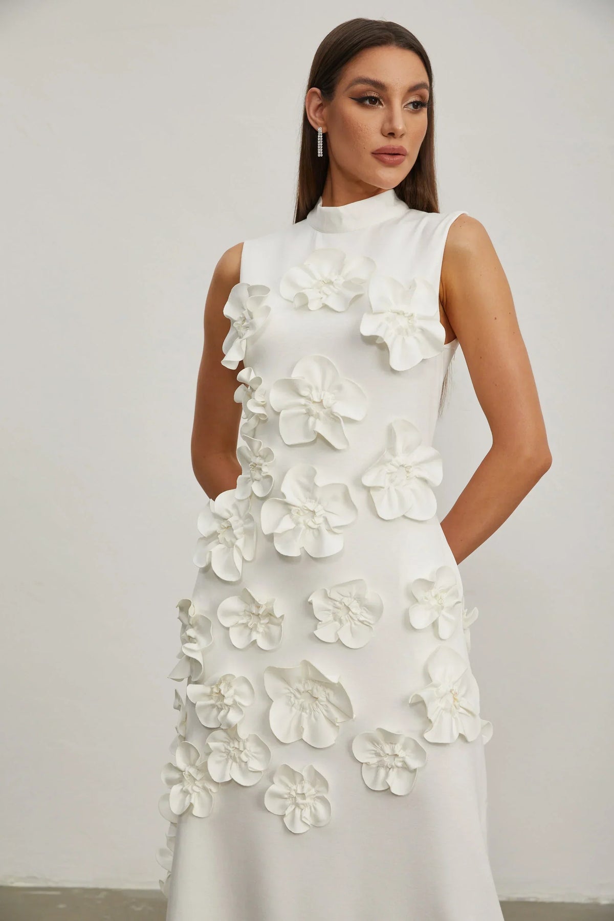 Women's High-Neck Embroidered Floral Maxi Dress | Sleeveless, Full-Length Silhouette, Elegant Fit | Multiple Colors