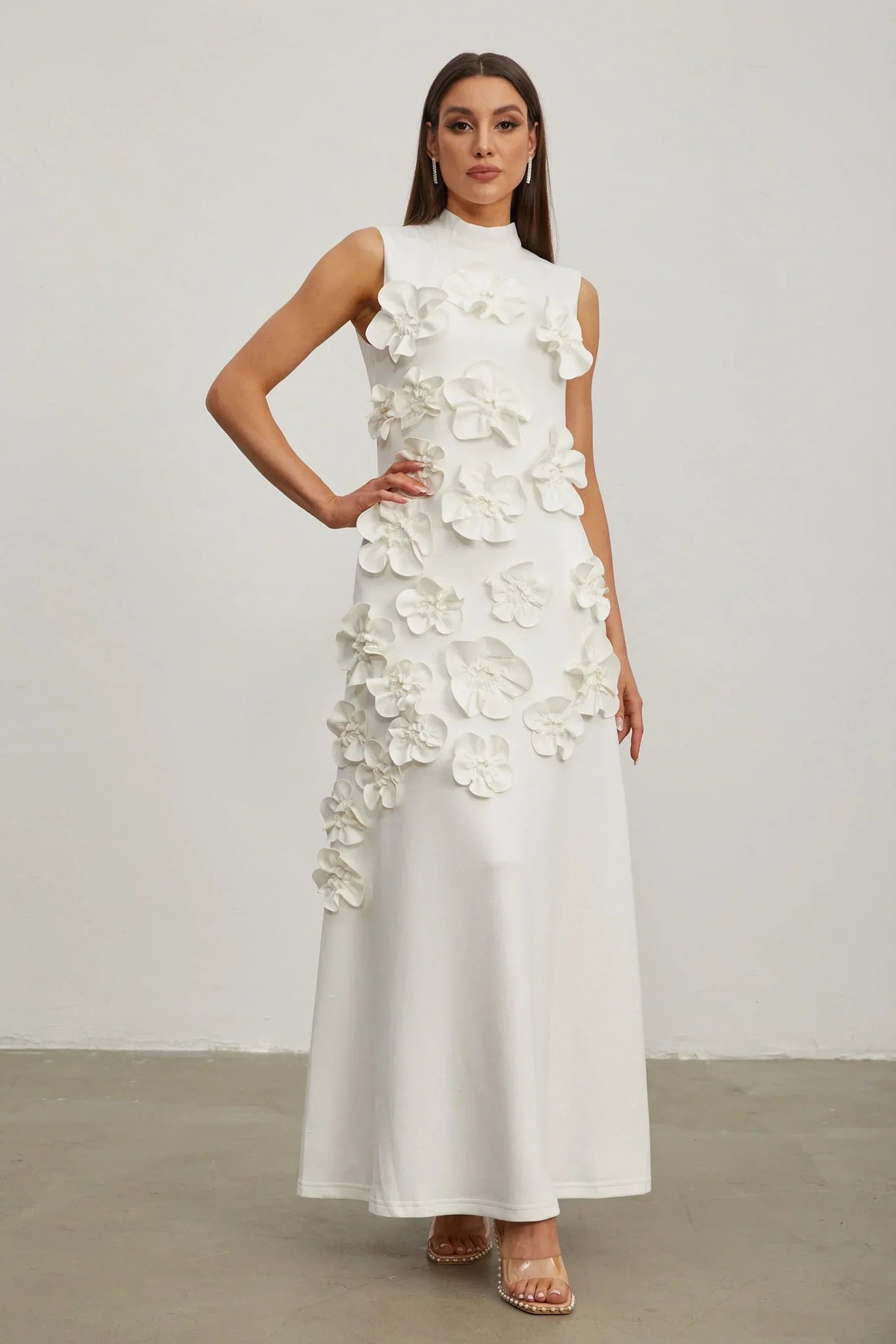 Women's High-Neck Embroidered Floral Maxi Dress | Sleeveless, Full-Length Silhouette, Elegant Fit | Multiple Colors