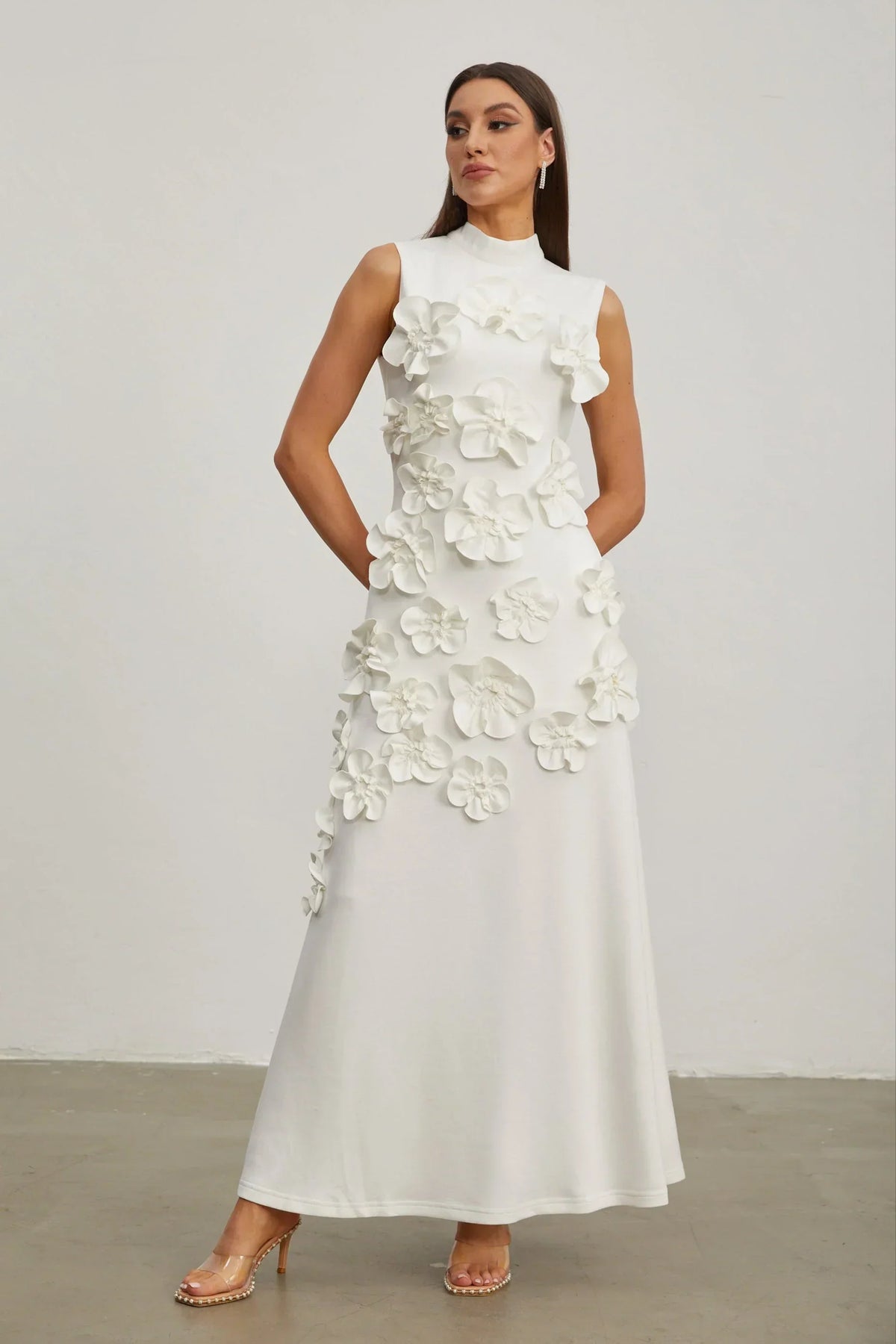 Women's High-Neck Embroidered Floral Maxi Dress | Sleeveless, Full-Length Silhouette, Elegant Fit | Multiple Colors
