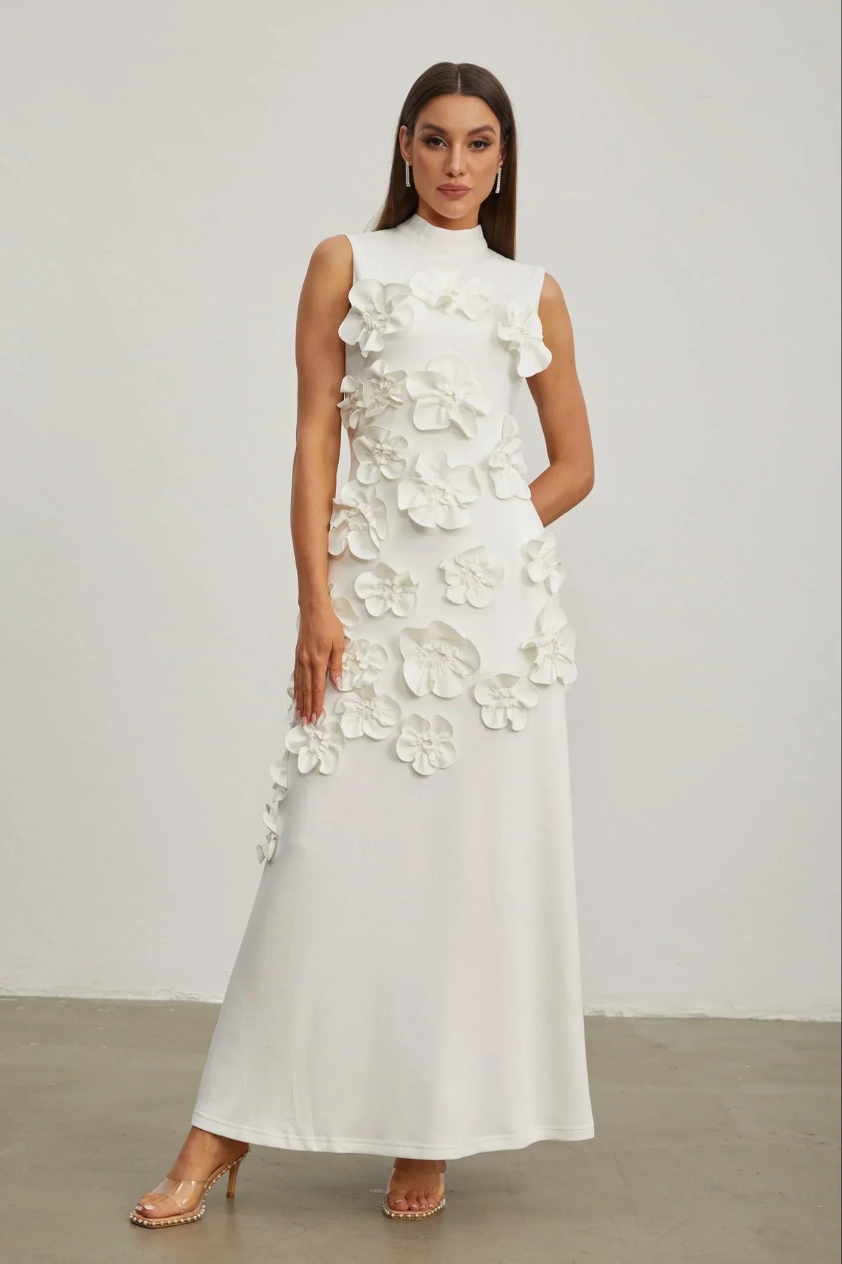 Women's High-Neck Embroidered Floral Maxi Dress | Sleeveless, Full-Length Silhouette, Elegant Fit | Multiple Colors