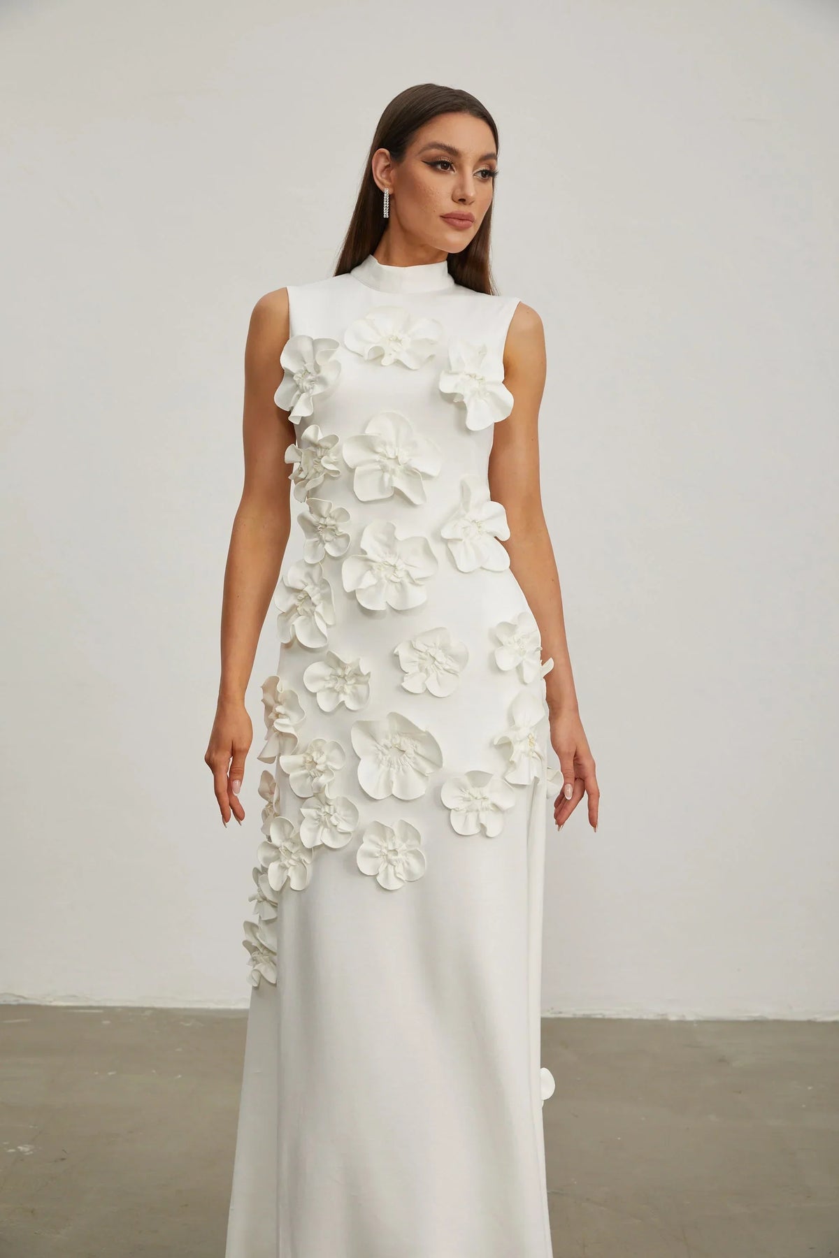 Women's High-Neck Embroidered Floral Maxi Dress | Sleeveless, Full-Length Silhouette, Elegant Fit | Multiple Colors