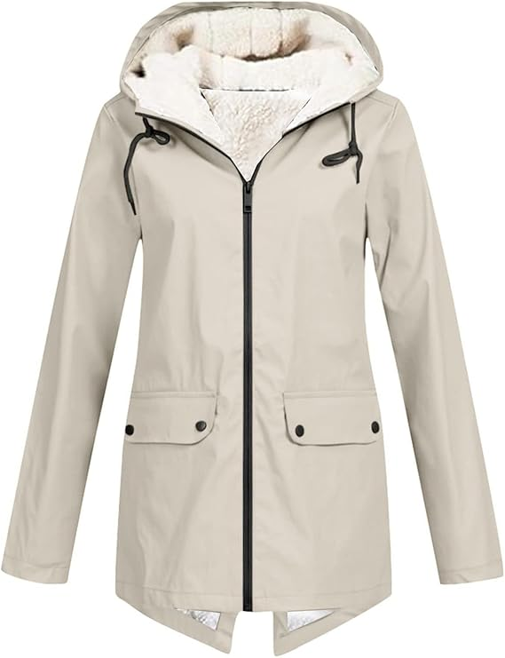 Women's Waterproof Rain Jacket with Fleece-Lined Hood