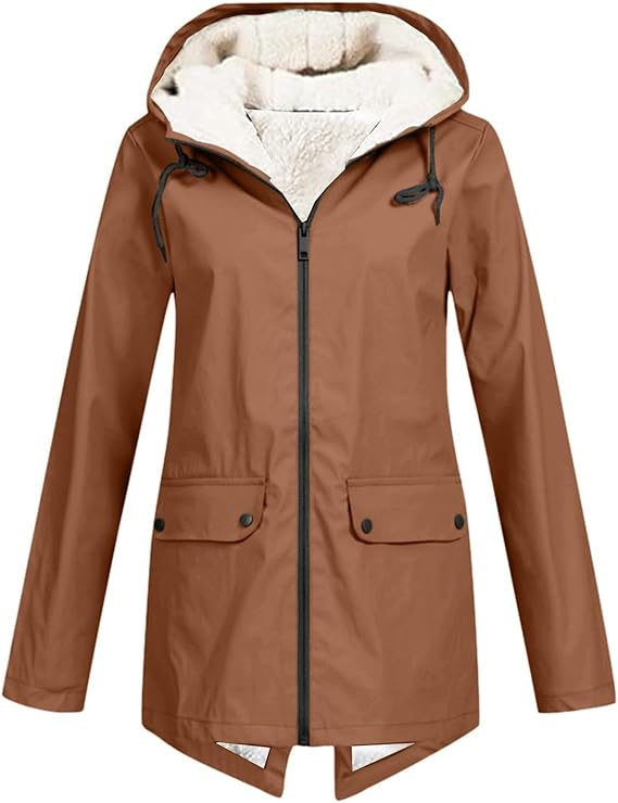 Women's Waterproof Rain Jacket with Fleece-Lined Hood