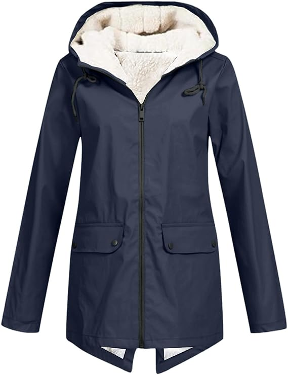 Women's Waterproof Rain Jacket with Fleece-Lined Hood