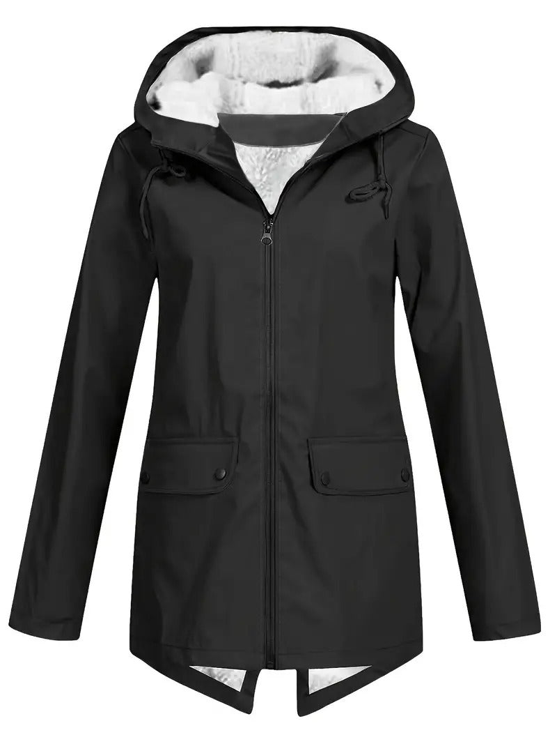 Women's Waterproof Rain Jacket with Fleece-Lined Hood