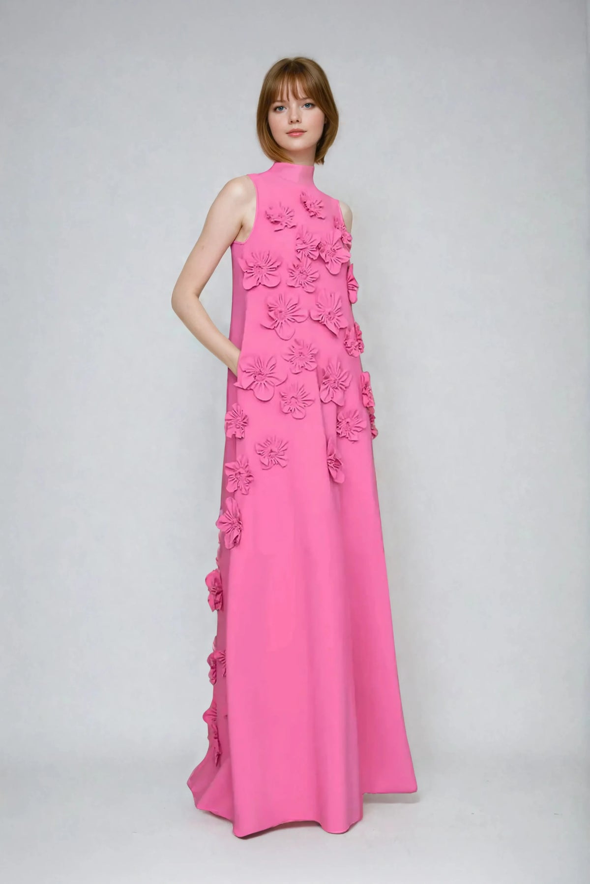 Women's Sleeveless Maxi Dress with Floral Embellishments | Full-Length Silhouette, Elegant Flowy Evening Fit | Pink