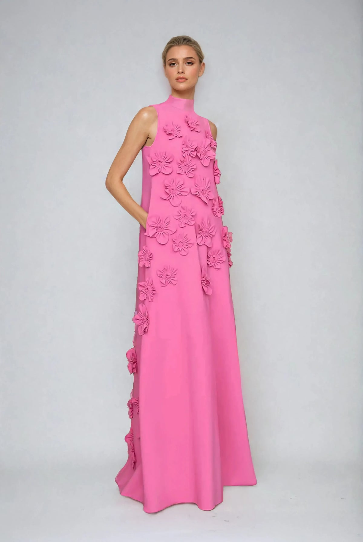 Women's Sleeveless Maxi Dress with Floral Embellishments | Full-Length Silhouette, Elegant Flowy Evening Fit | Pink