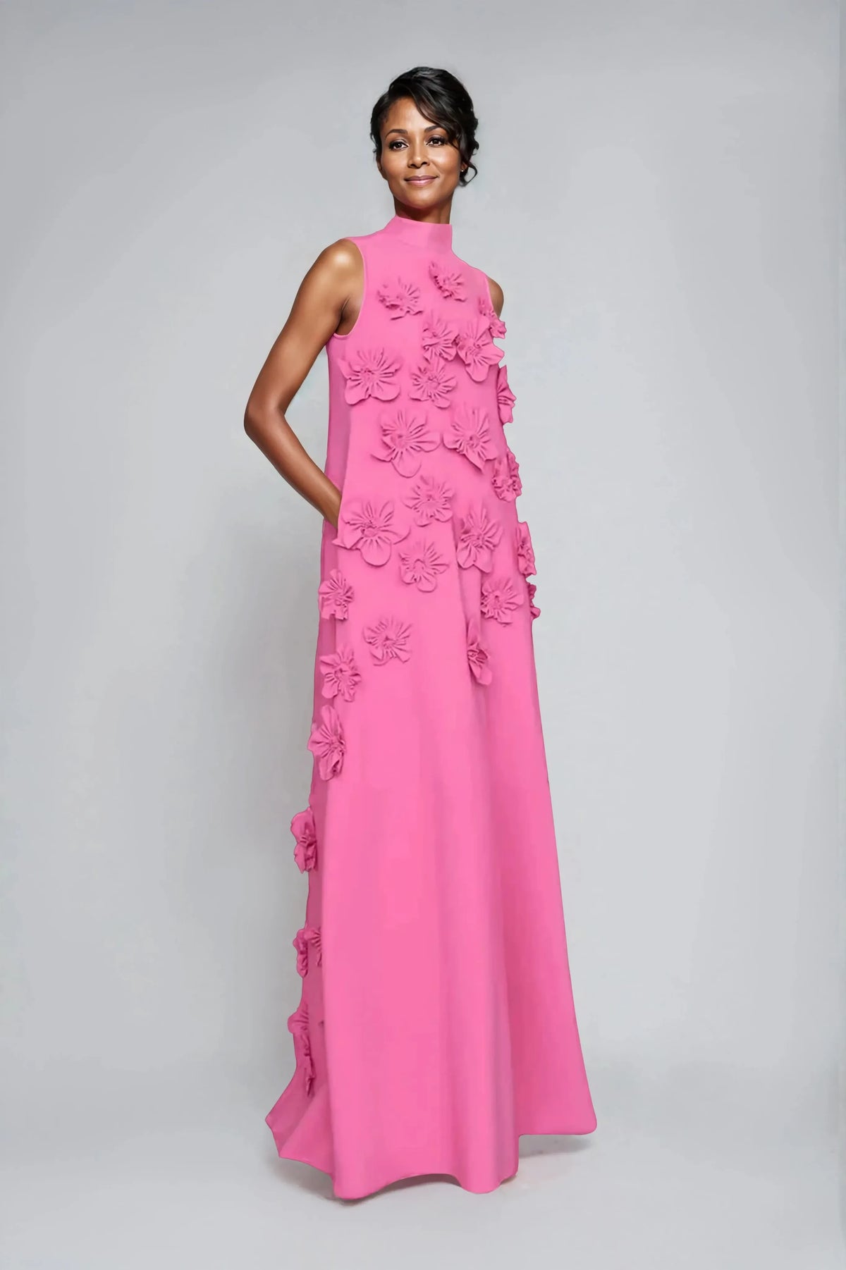 Women's Sleeveless Maxi Dress with Floral Embellishments | Full-Length Silhouette, Elegant Flowy Evening Fit | Pink