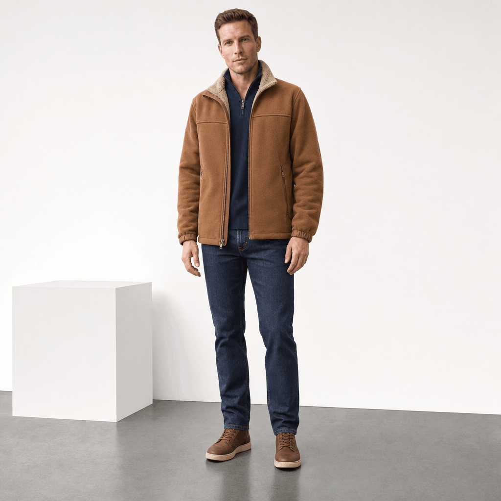Adrian Sherpa Lined Fleece Jacket – Full Zip Stand Collar Multi Pocket Relaxed Outdoor Midlayer