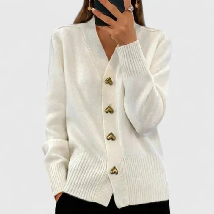 Saffron | Cashmere-Feel V-Neck Heart Button Detail Cardigan