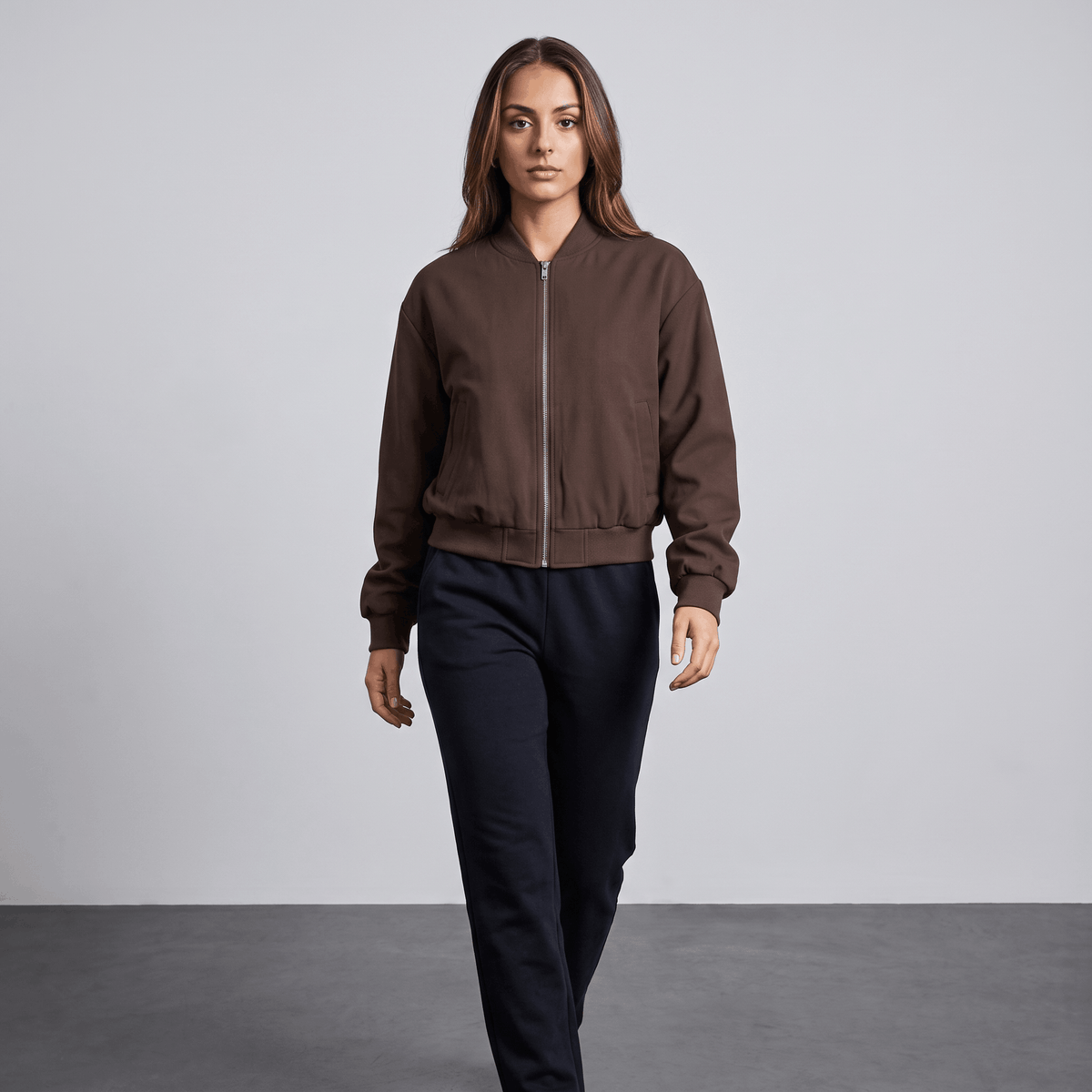 Amarah Oversized Bomber Jacket – Cropped Drop Shoulder Matte Woven Rib Collar Outerwear
