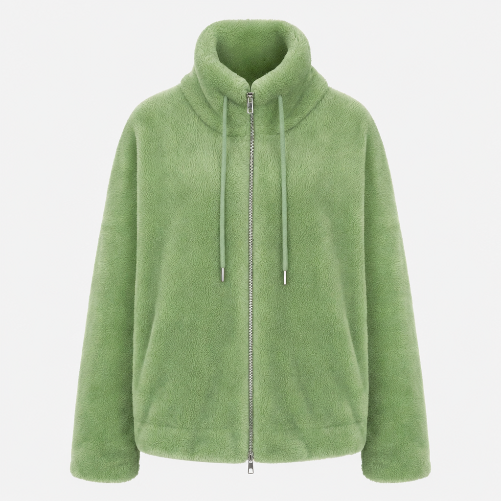 Amarah Plush Fleece Jacket – Teddy Zip-Up Stand Collar Drawstring Side Pocket Winter Outerwear