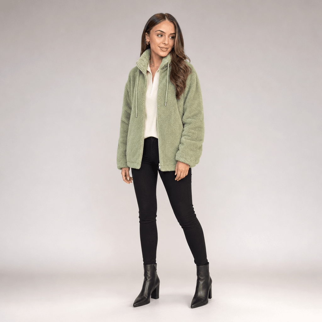Amarah Plush Fleece Jacket – Teddy Zip-Up Stand Collar Drawstring Side Pocket Winter Outerwear