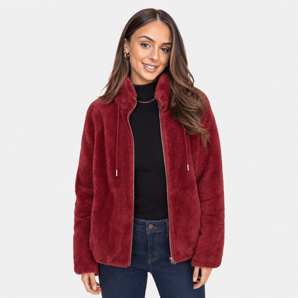 Amarah Plush Fleece Jacket – Teddy Zip-Up Stand Collar Drawstring Side Pocket Winter Outerwear