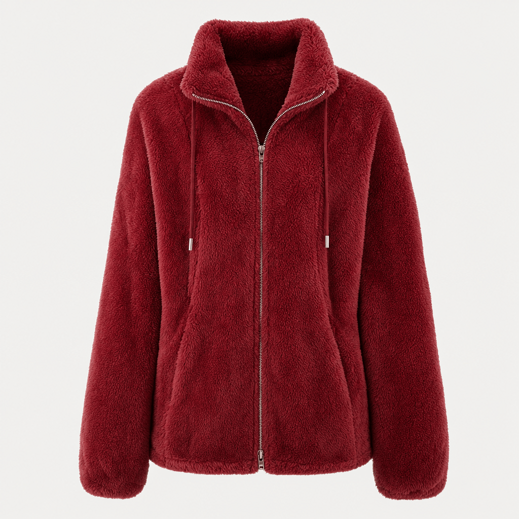 Amarah Plush Fleece Jacket – Teddy Zip-Up Stand Collar Drawstring Side Pocket Winter Outerwear