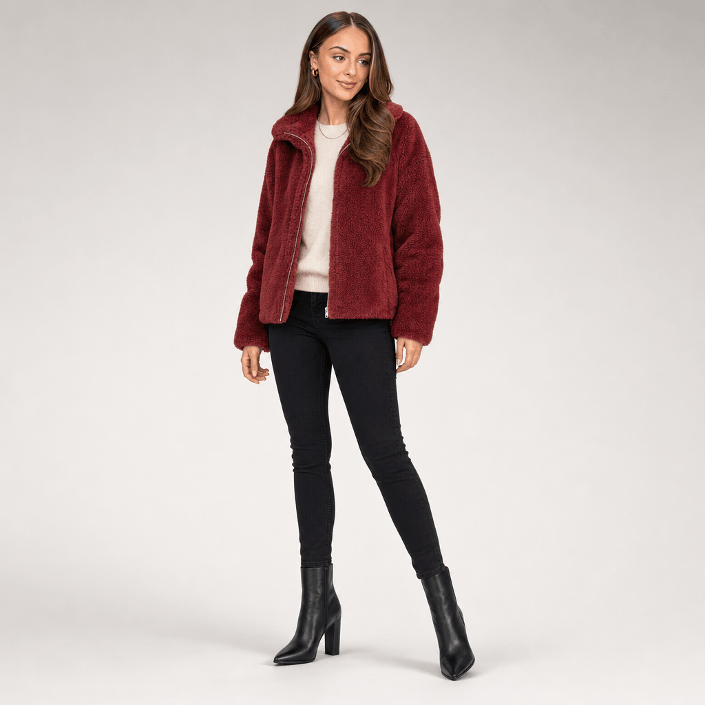 Amarah Plush Fleece Jacket – Teddy Zip-Up Stand Collar Drawstring Side Pocket Winter Outerwear