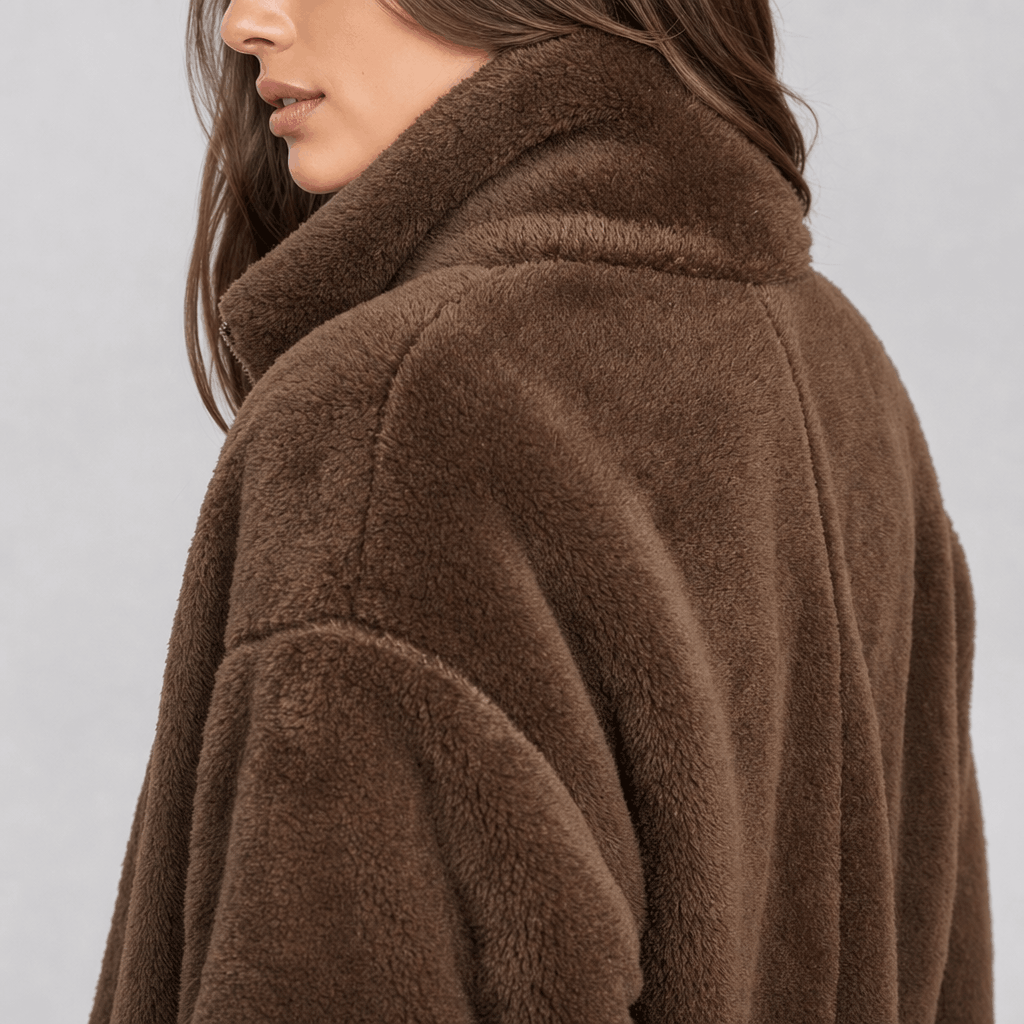 Amarah Plush Fleece Jacket – Teddy Zip-Up Stand Collar Drawstring Side Pocket Winter Outerwear