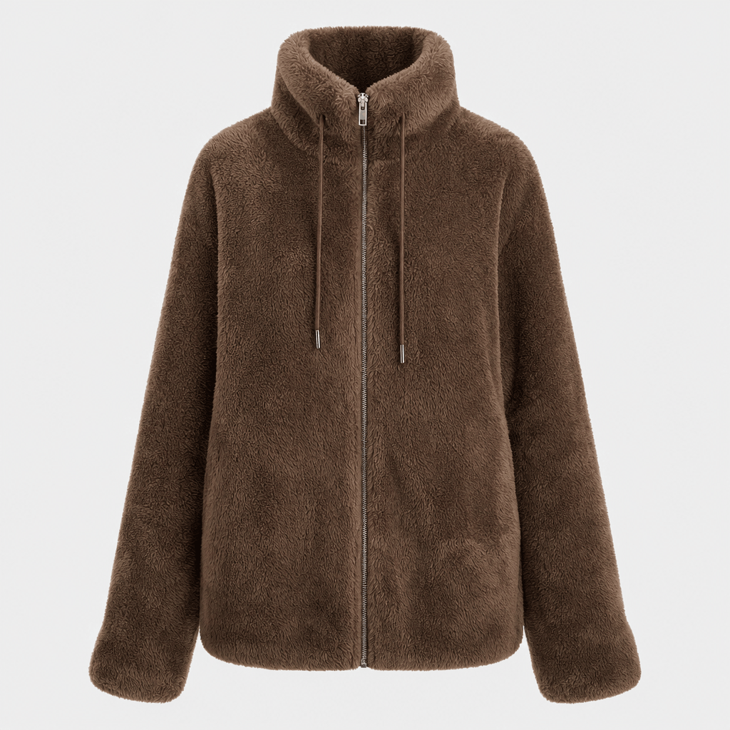 Amarah Plush Fleece Jacket – Teddy Zip-Up Stand Collar Drawstring Side Pocket Winter Outerwear
