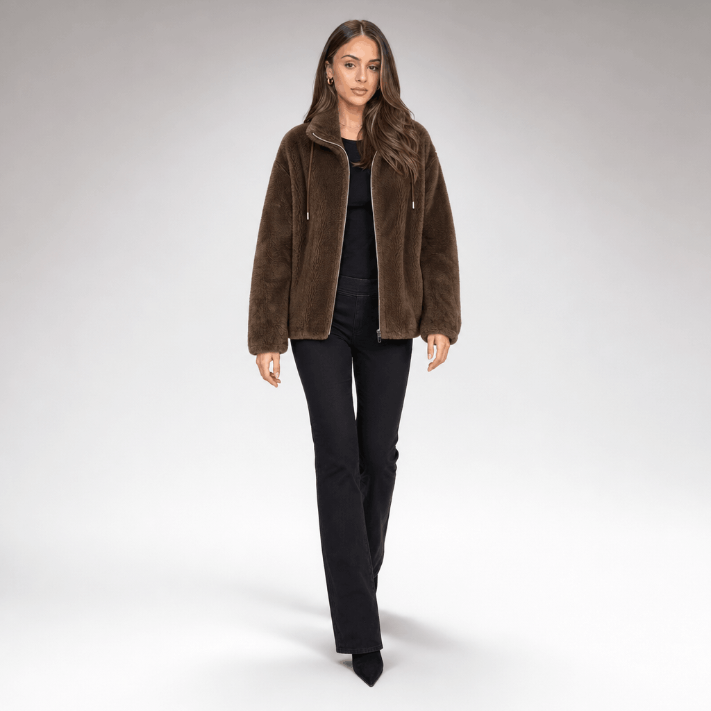 Amarah Plush Fleece Jacket – Teddy Zip-Up Stand Collar Drawstring Side Pocket Winter Outerwear