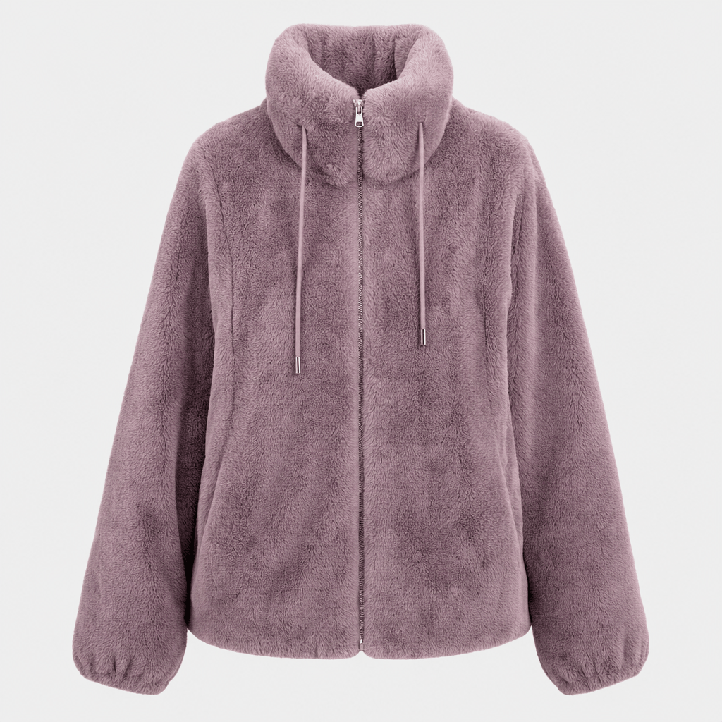 Amarah Plush Fleece Jacket – Teddy Zip-Up Stand Collar Drawstring Side Pocket Winter Outerwear
