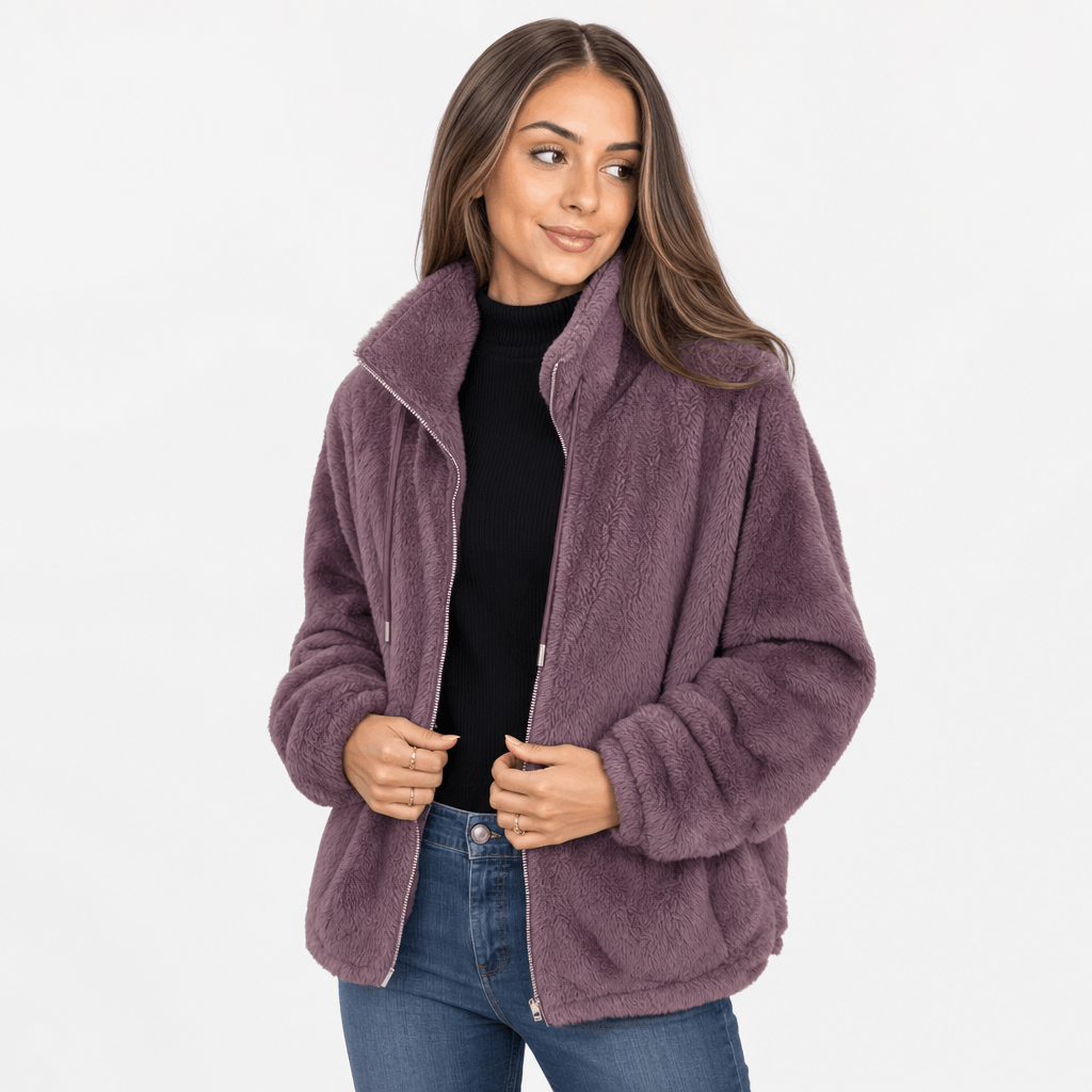 Amarah Plush Fleece Jacket – Teddy Zip-Up Stand Collar Drawstring Side Pocket Winter Outerwear