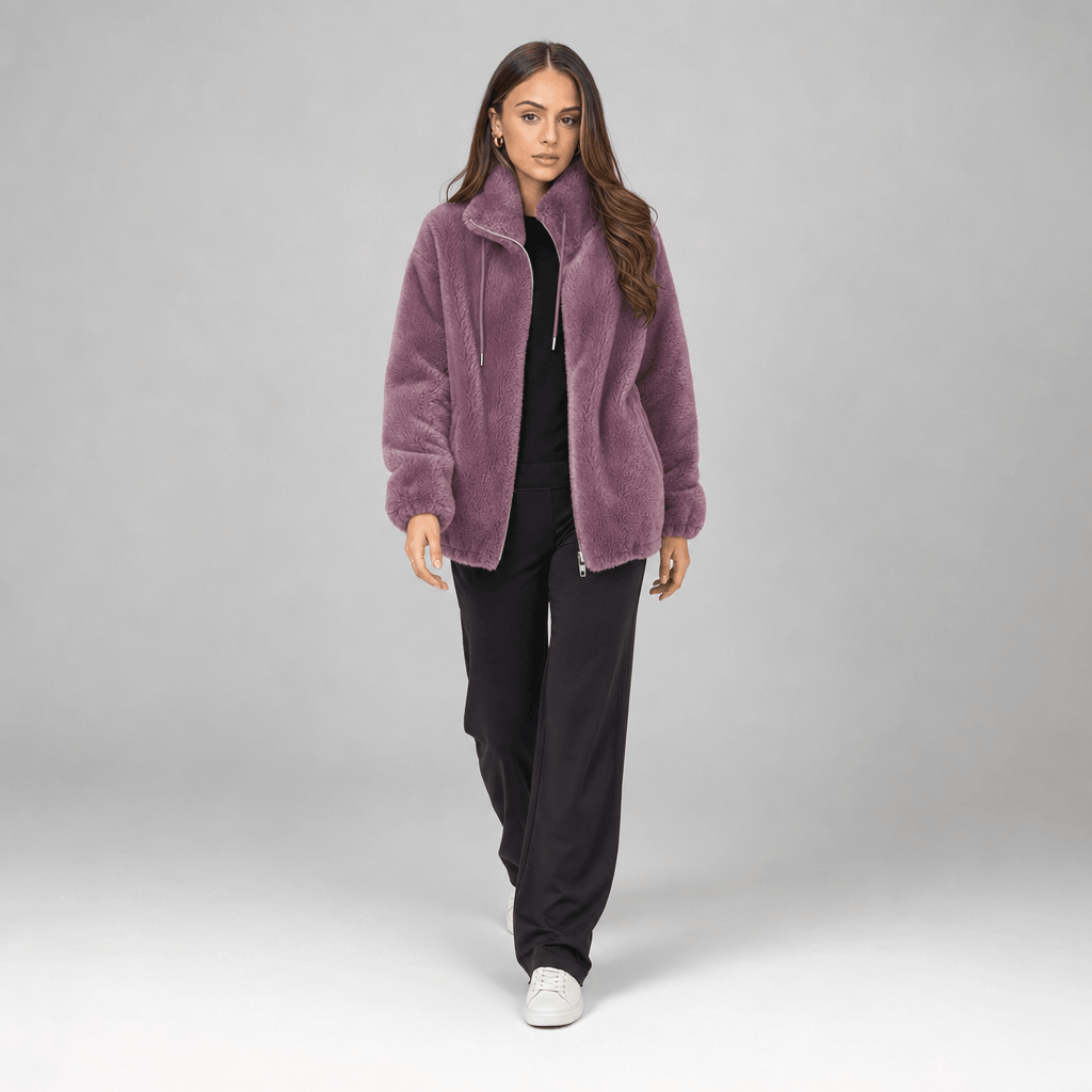 Amarah Plush Fleece Jacket – Teddy Zip-Up Stand Collar Drawstring Side Pocket Winter Outerwear