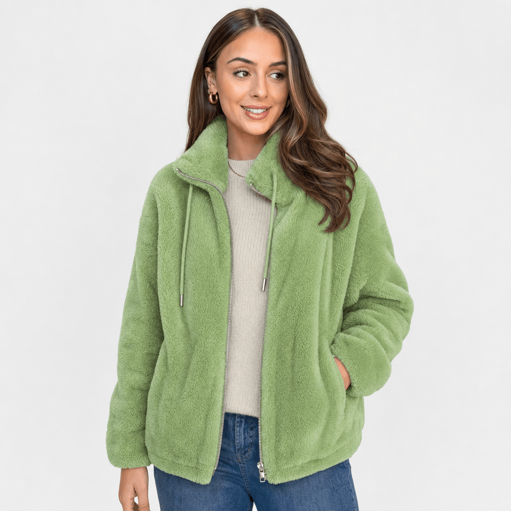 Amarah Plush Fleece Jacket – Teddy Zip-Up Stand Collar Drawstring Side Pocket Winter Outerwear