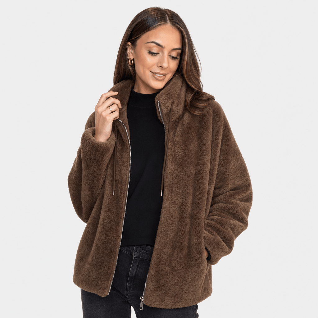 Amarah Plush Fleece Jacket – Teddy Zip-Up Stand Collar Drawstring Side Pocket Winter Outerwear