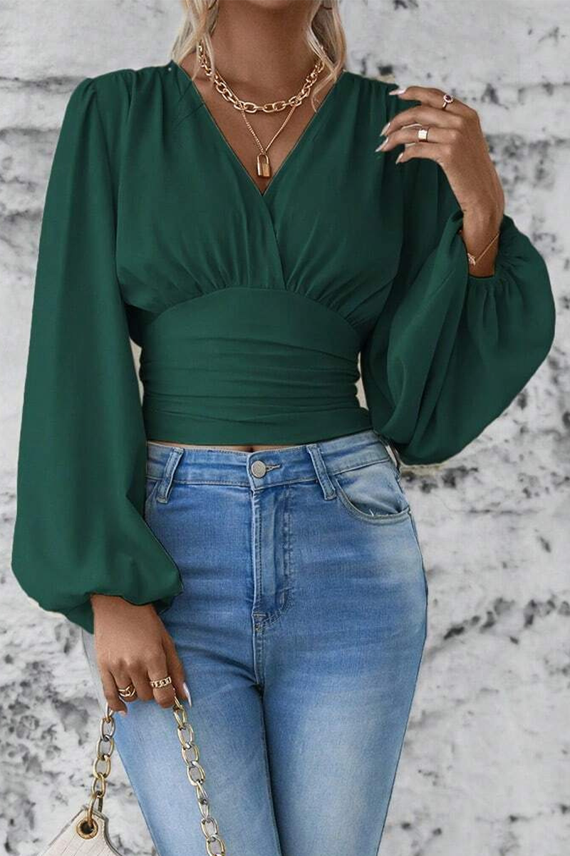 Women's Elegant V Neck Blouse with Ruched Waist and Balloon Sleeves – Fitted Long Sleeve Top for Office and Smart Casual Wear